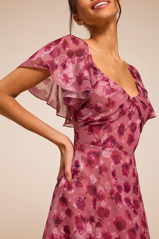 Camillo Mauve Floral Jacquard Flutter Sleeve Midi Dress 2