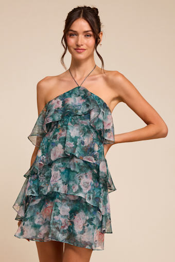 Melody Teal Multi Floral Tiered Halter Mini Dress 1