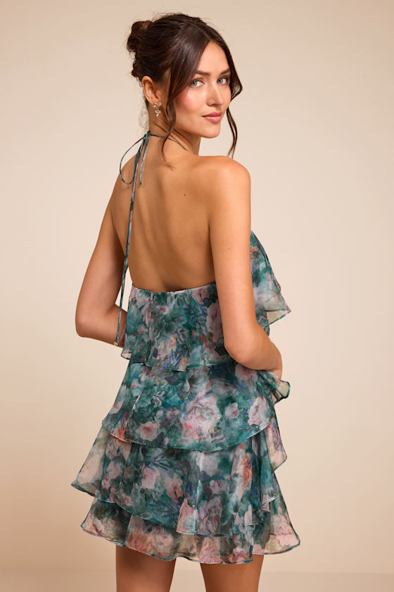 Melody Teal Multi Floral Tiered Halter Mini Dress 2