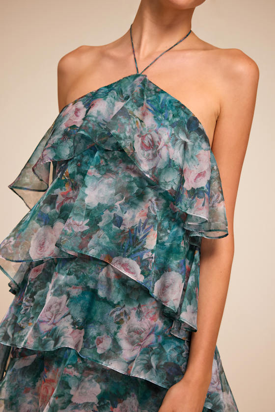 Melody Teal Multi Floral Tiered Halter Mini Dress - thumbnail 4