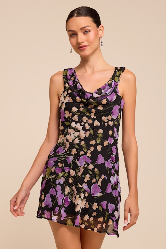 Odette Black Floral Cowl Neck Mini Dress 1