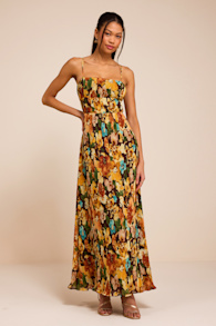 Holloway Brown Multi Floral Pleated Maxi Dress 1
