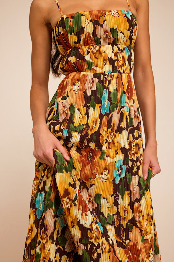 Holloway Brown Multi Floral Pleated Maxi Dress 2