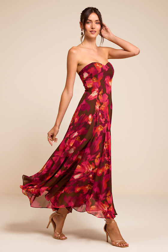 Madoria Brown Multi Floral Strapless Midi Dress 1