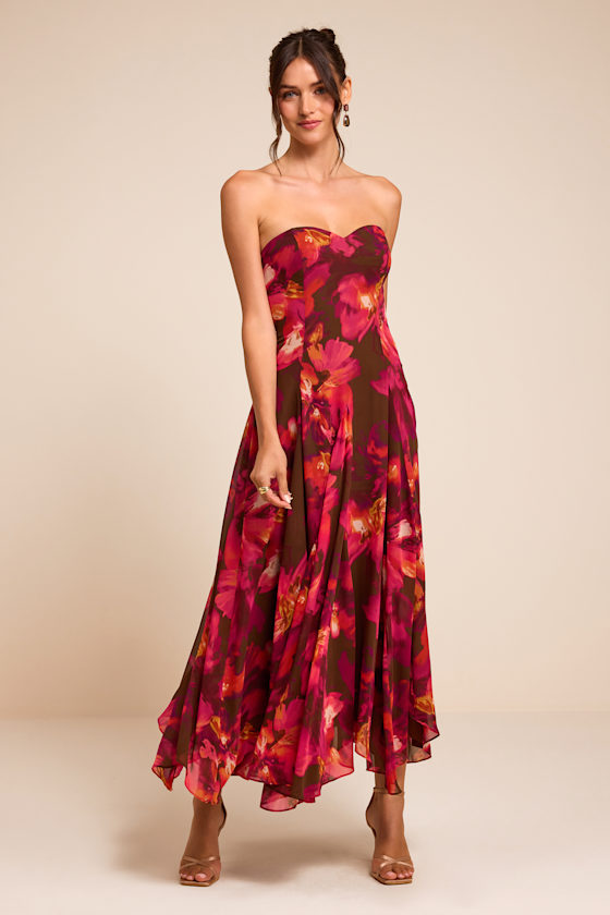 Madoria Brown Multi Floral Strapless Midi Dress 2