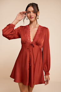 Goldia Rust Red Satin Long Sleeve Babydoll Mini Dress 1