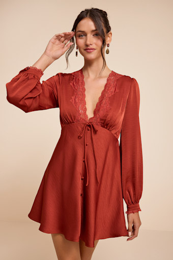 Goldia Rust Red Satin Long Sleeve Babydoll Mini Dress 1