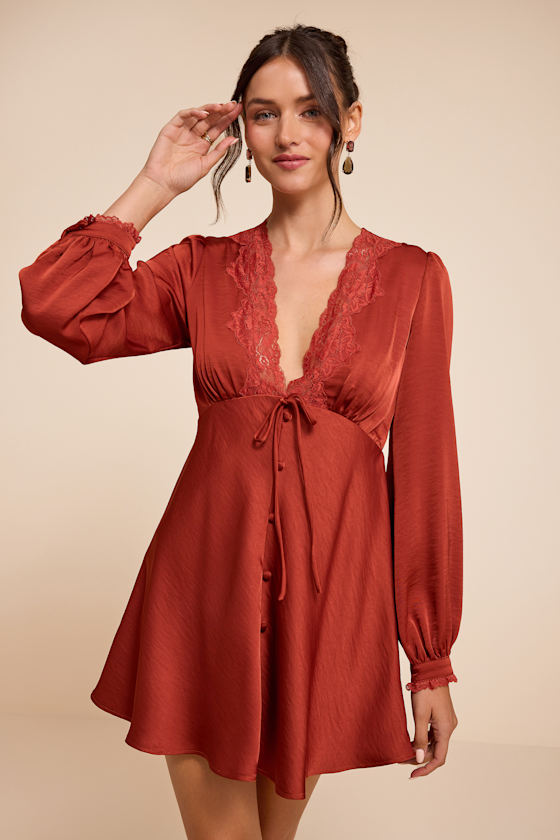 Goldia Rust Red Satin Long Sleeve Babydoll Mini Dress 1