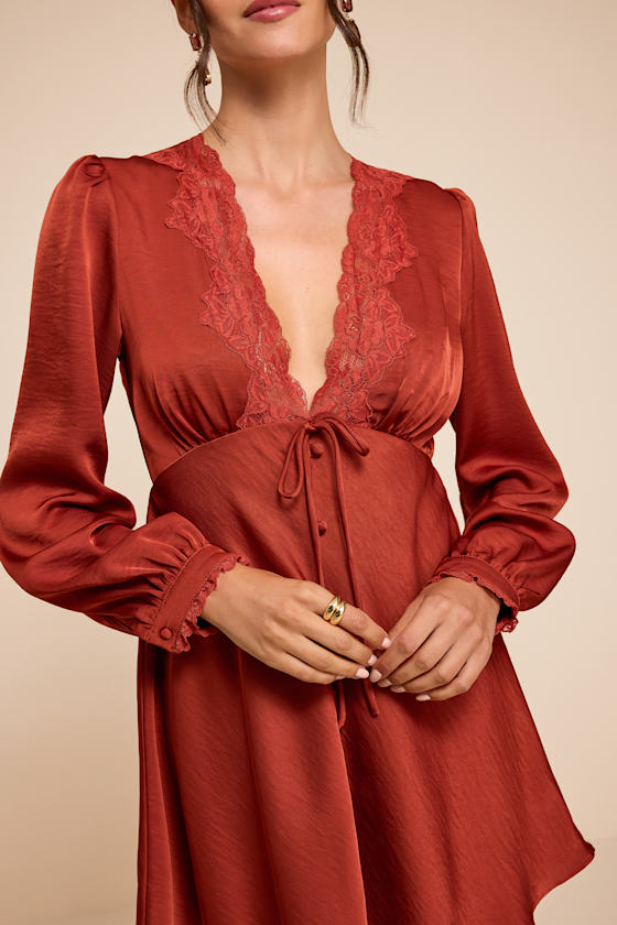 Goldia Rust Red Satin Long Sleeve Babydoll Mini Dress 2