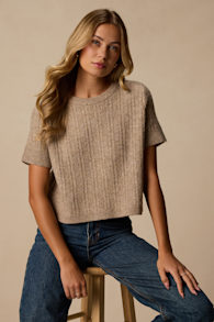 Whitman Taupe Cable Knit Short Sleeve Sweater 1