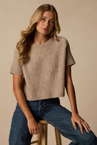 Whitman Taupe Cable Knit Short Sleeve Sweater 1