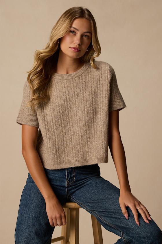 Whitman Taupe Cable Knit Short Sleeve Sweater 1