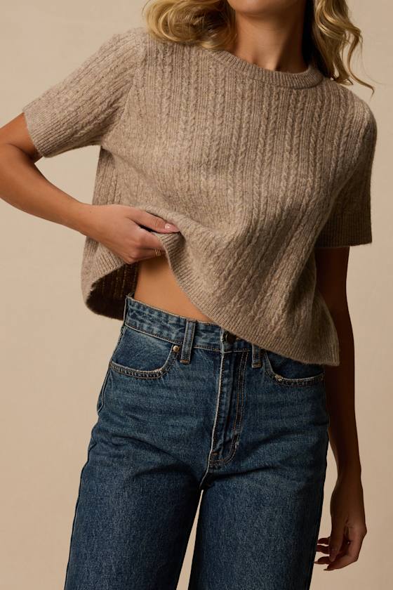 Whitman Taupe Cable Knit Short Sleeve Sweater 2