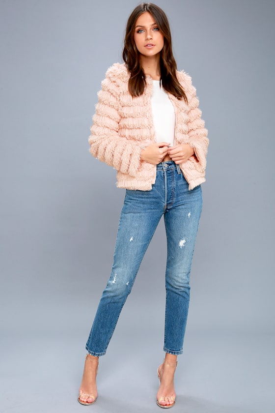 Lourdes Blush Pink Faux Fur Fringe Jacket 2