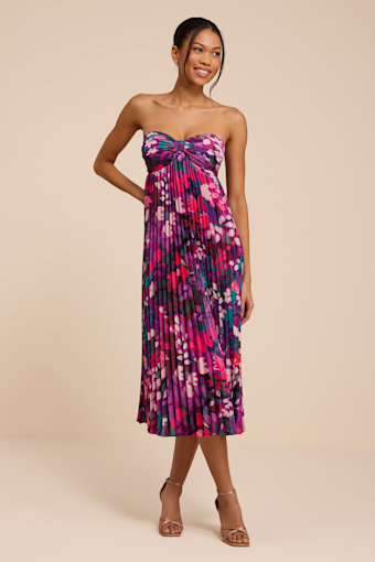 Whimsical Beauty Purple Multi Satin Plisse Strapless Midi Dress 1
