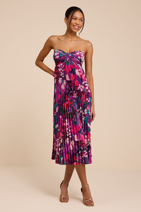 Whimsical Beauty Purple Multi Satin Plisse Strapless Midi Dress 1