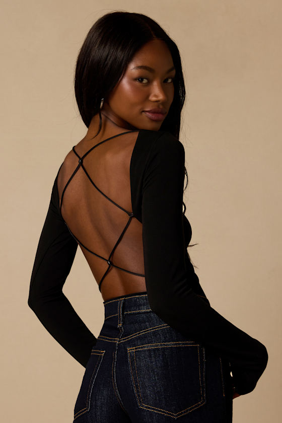Lusa Black Jersey Knit Lace-Up Bodysuit 1