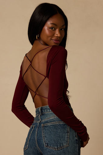 Lusa Maroon Jersey Knit Lace-Up Bodysuit 1