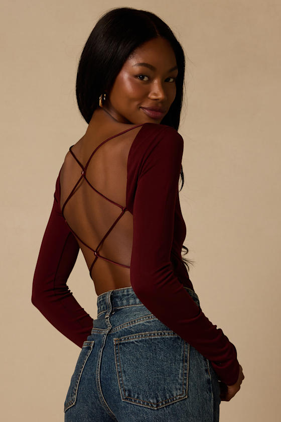 Lusa Maroon Jersey Knit Lace-Up Bodysuit 1