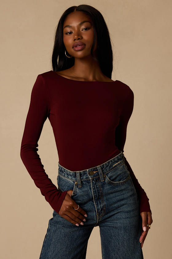 Lusa Maroon Jersey Knit Lace-Up Bodysuit 2