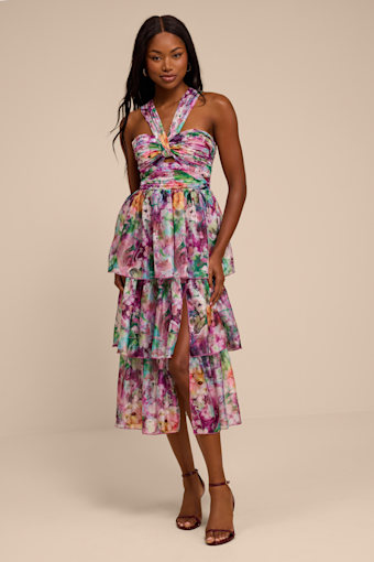 Dayanara Purple Multi Floral Organza Tiered Midi Dress 1