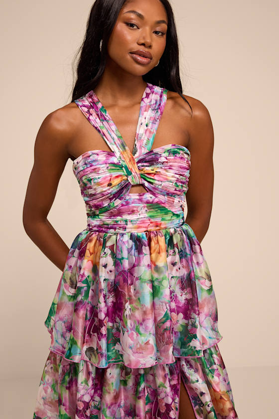 Dayanara Purple Multi Floral Organza Tiered Midi Dress 2