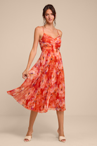 Whitley Orange Floral Pleated Sleeveless Midi Dress 1