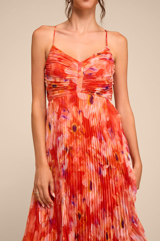 Whitley Orange Floral Pleated Sleeveless Midi Dress 2