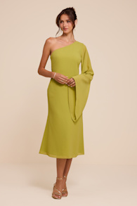 Elizabeth Chartreuse One-Shoulder Bell Sleeve Midi Dress 1