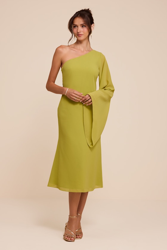 Elizabeth Chartreuse One-Shoulder Bell Sleeve Midi Dress 1