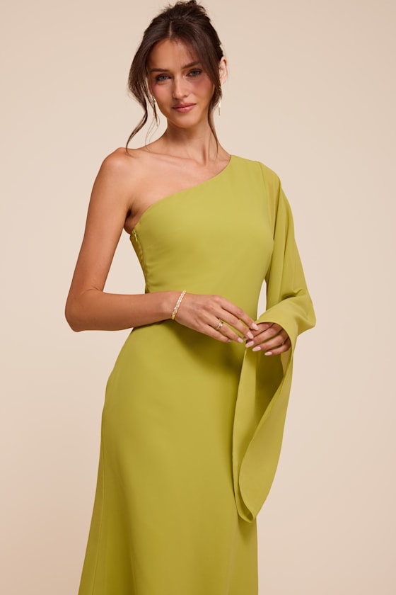 Elizabeth Chartreuse One-Shoulder Bell Sleeve Midi Dress 2