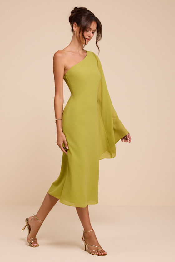 Elizabeth Chartreuse One-Shoulder Bell Sleeve Midi Dress 4