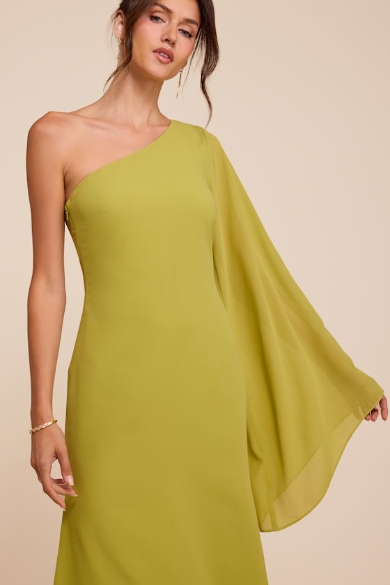 Elizabeth Chartreuse One-Shoulder Bell Sleeve Midi Dress 6