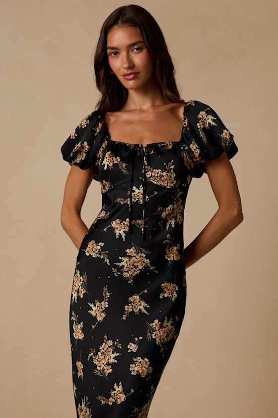 Remarkably Flourishing Black Floral Puff Sleeve Midi Dress 1