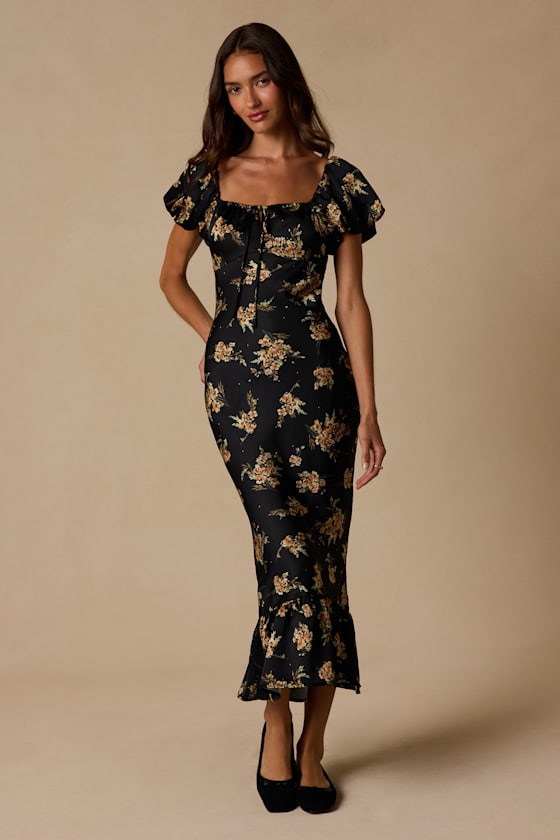 Remarkably Flourishing Black Floral Puff Sleeve Midi Dress 2