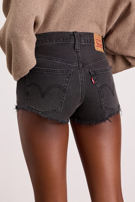 501 Micro Black Distressed High-Rise Denim Shorts - thumbnail 3