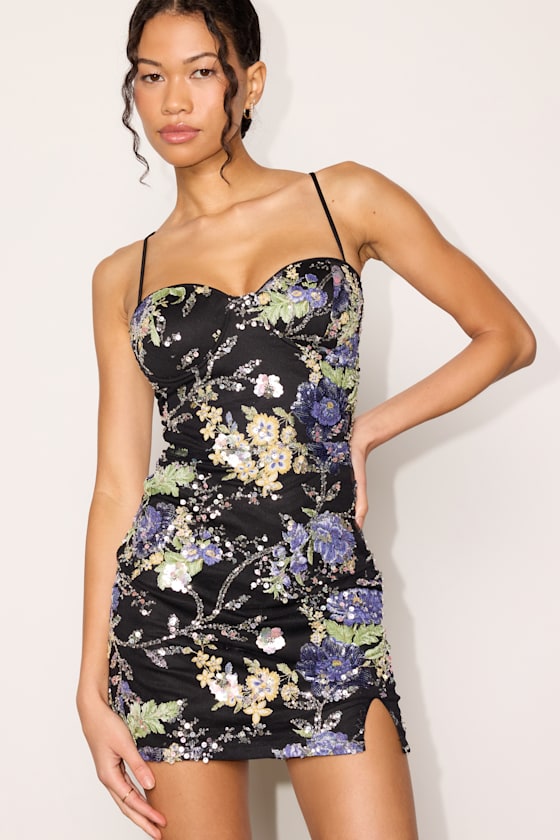 Karsen Black Floral Sequin Bodycon Mini Dress - thumbnail 5