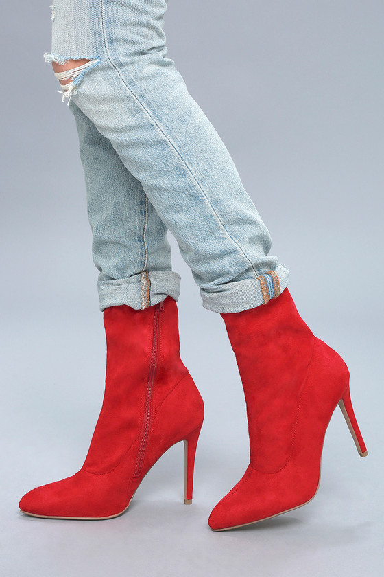 Chic Mid-Calf Boots - Red Suede Boots - Vegan Boots - Lulus