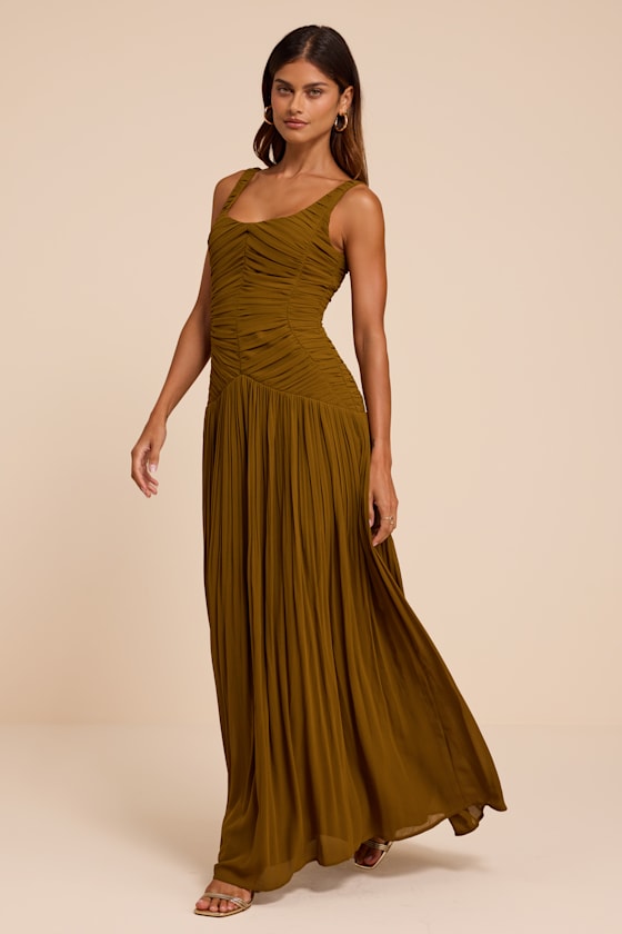 Image of Rhonda Olive Pleated Drop Waist Maxi Dress