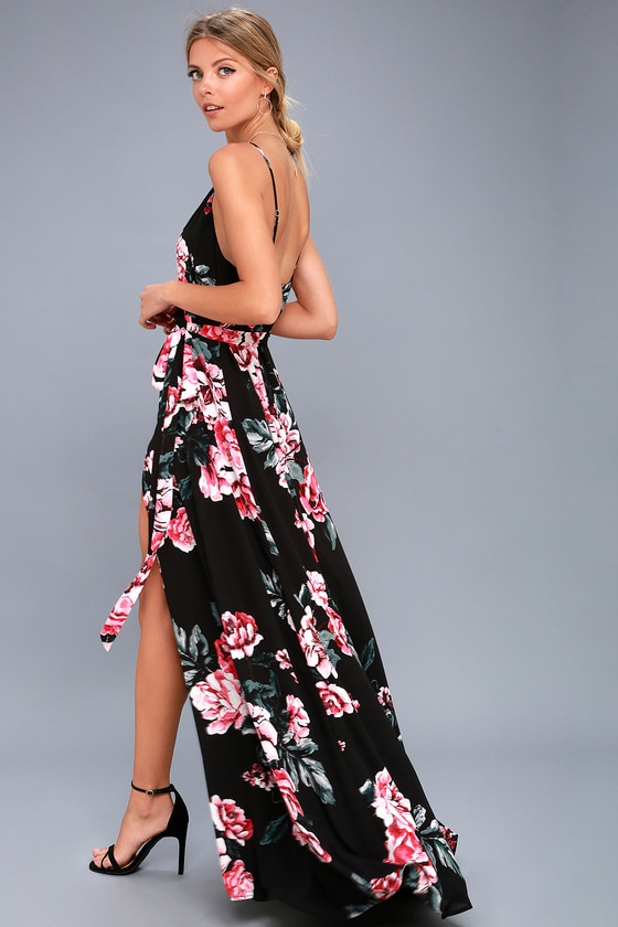 black and pink floral maxi dress