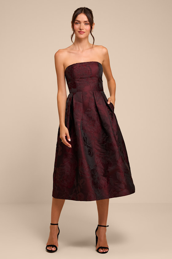 Laurelin Burgundy Floral Jacquard Strapless Midi Dress 1