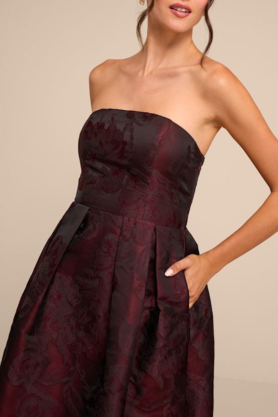 Laurelin Burgundy Floral Jacquard Strapless Midi Dress 2