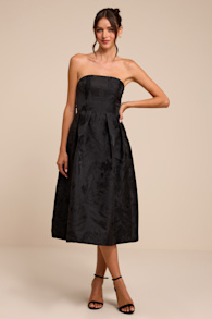 Laurelin Black Floral Jacquard Strapless Midi Dress 1