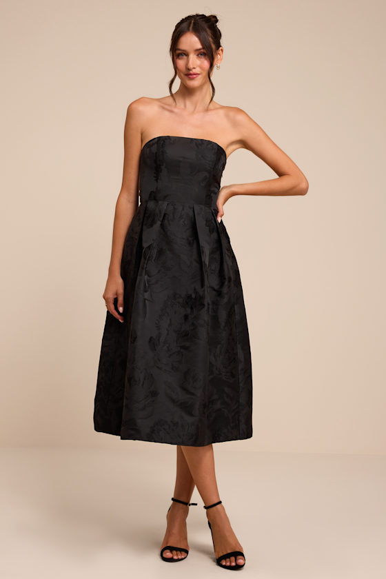 Laurelin Black Floral Jacquard Strapless Midi Dress 1