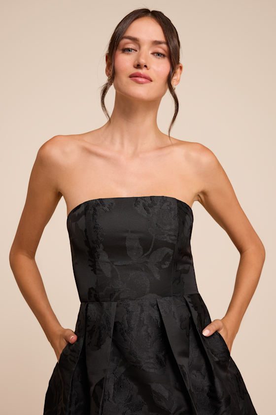 Laurelin Black Floral Jacquard Strapless Midi Dress 2