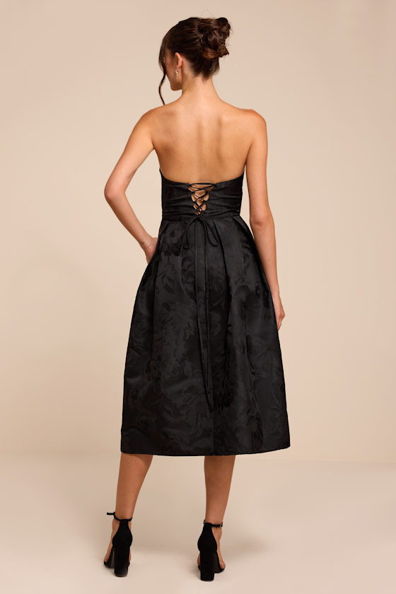新品タグ付LUDICRUM Floral shirred dress BLACK Black Midi Dress - Strapless Midi Dress - Jacquard Midi Dress - Lulus