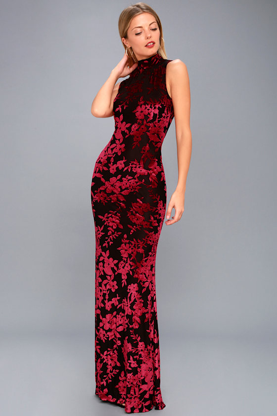 Dariana Black and Red Velvet Floral Print Backless Maxi Dress 1
