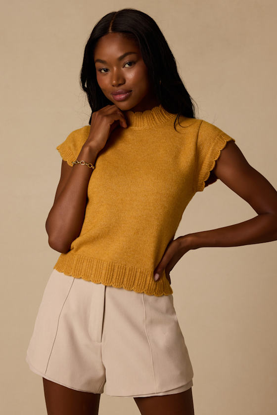 Tilda Yellow Cap Sleeve Scalloped Sweater Top 1