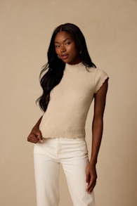 Tilda Beige Cap Sleeve Scalloped Sweater Top 1