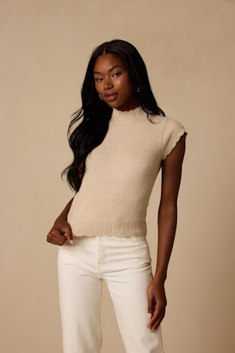 Tilda Beige Cap Sleeve Scalloped Sweater Top 1